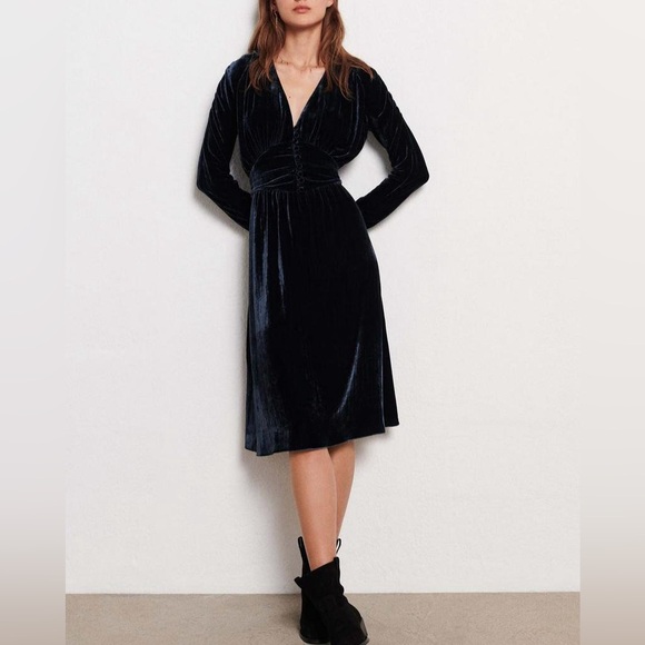 ba&sh Velvet Silk Blend Dress in Midnight Blue Black - Picture 2 of 12